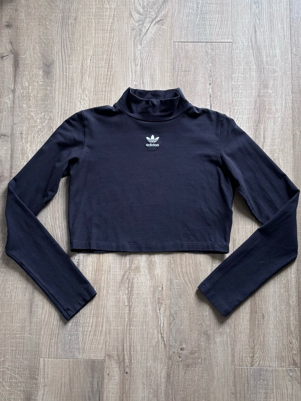 Adidas Cropped Turtleneck Long-Sleeve Top in Black W/ Middle Logo